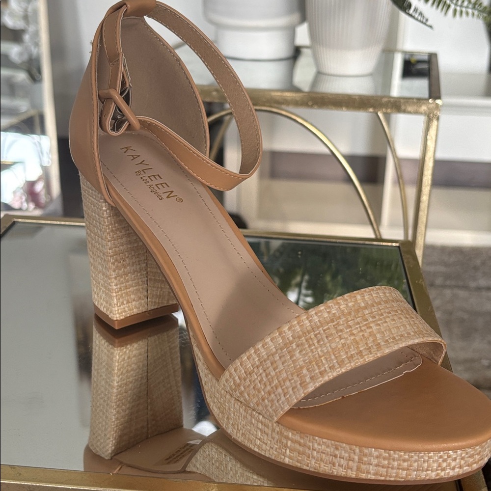 Khylin Tan Woven Block Heel Sandals